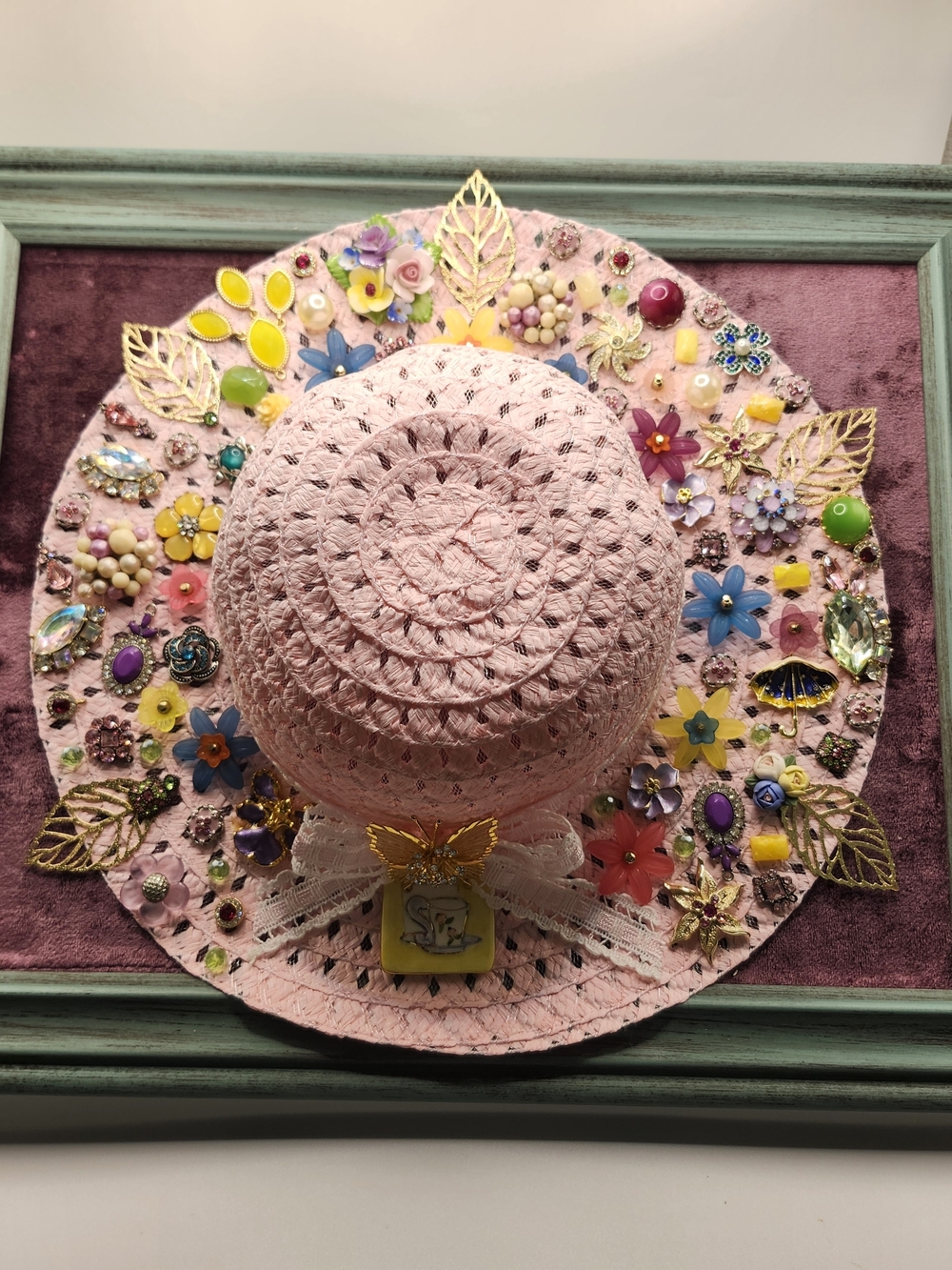 Pink Embellished Straw Sun Hat Spring Jewelry Art 11x14